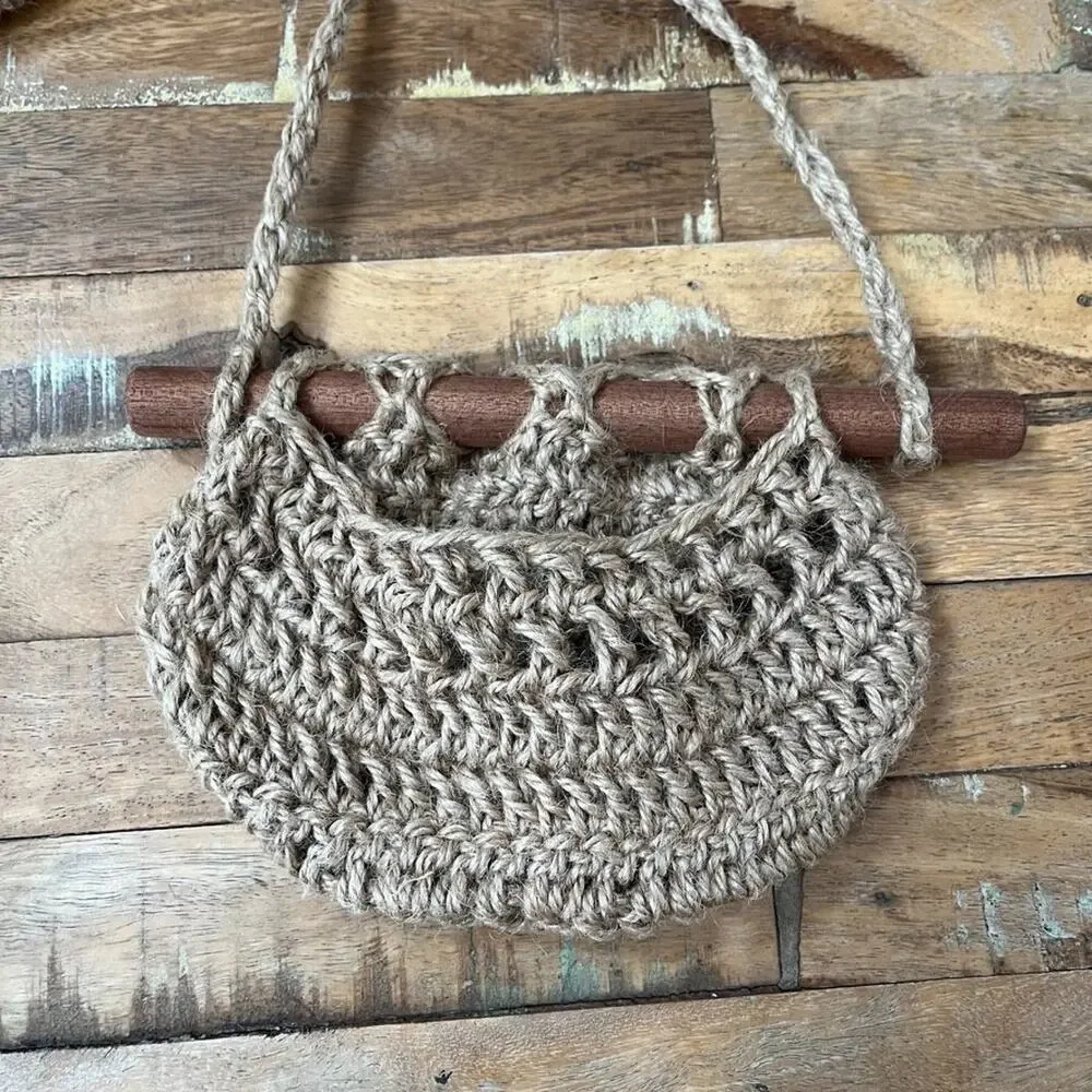 Crochet Wall Baskets (2) Natural Jute Wooden Rods Wall Pocket